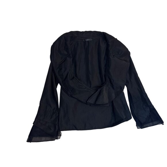 OJBOX Elegant Black Sheer Ruffle Collar Long Sleeve Blouse With Tie Waist - Picture 2 of 5